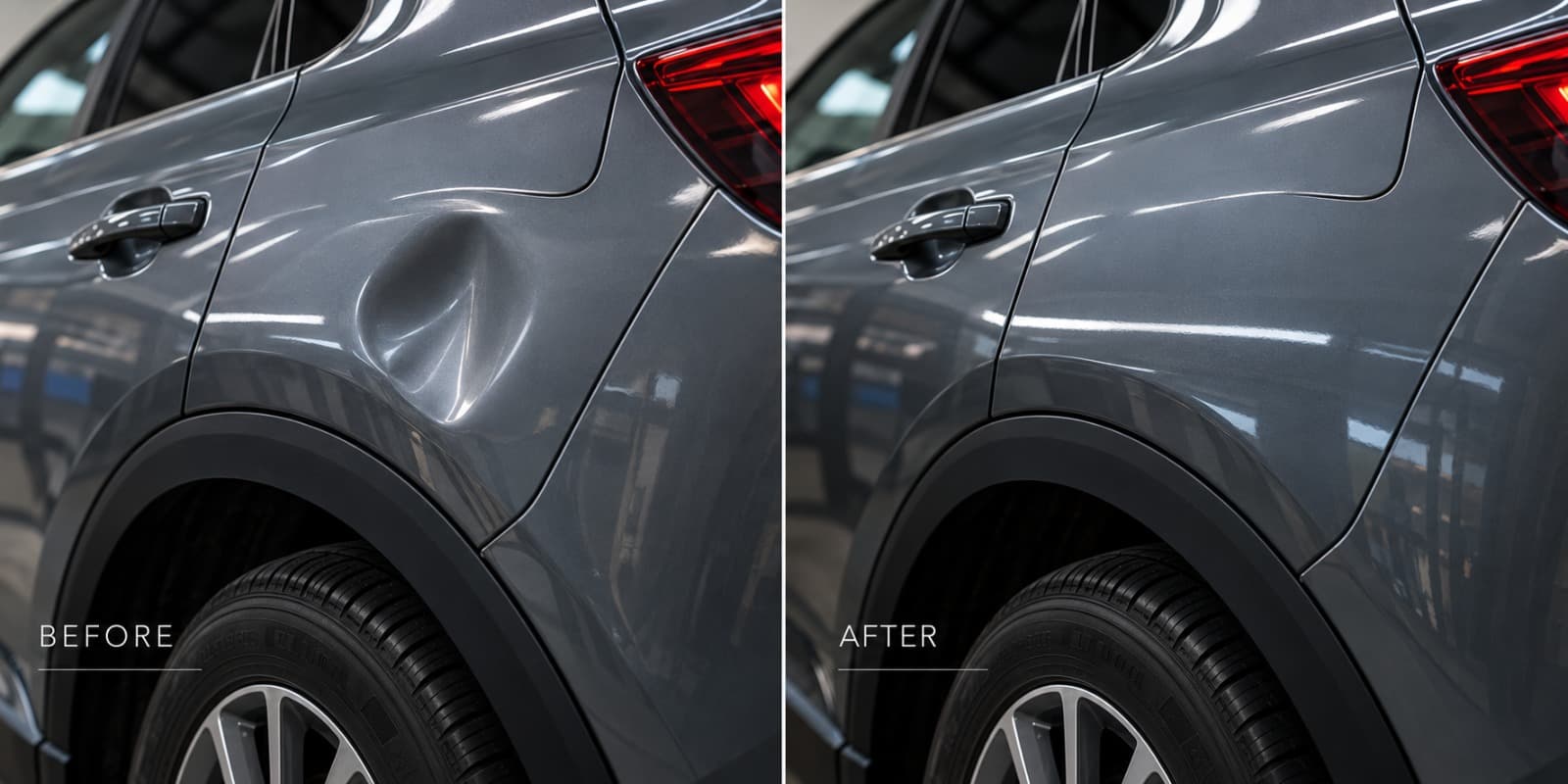 Vehicle panel before and after paintless dent repair