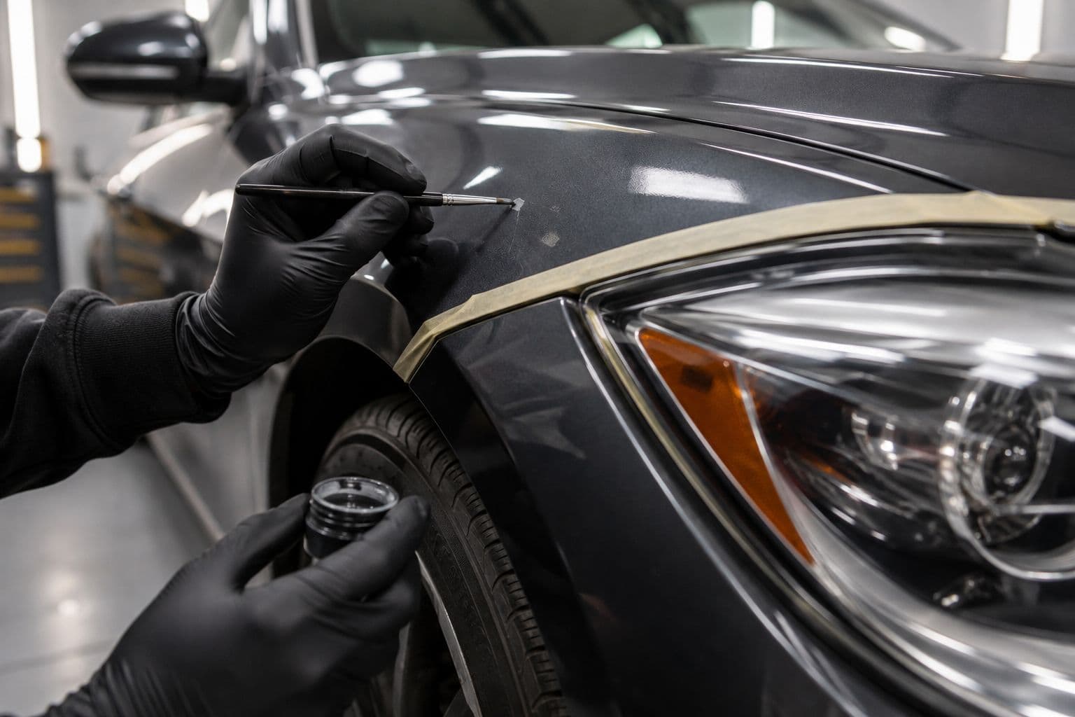 Technician touching up a small paint chip on a vehicle